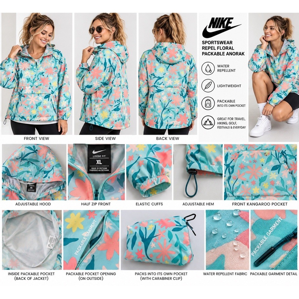 Nike Sportswear Repel Packable Hooded Anorak Jacket Women's XL Floral Gorpcore